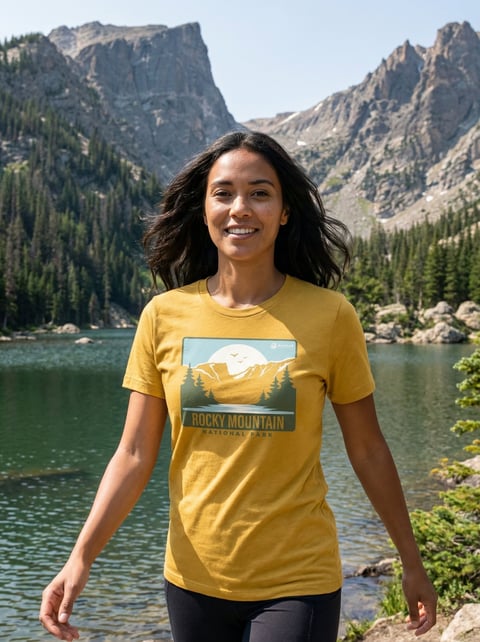 Woman wearing yellow Rocky Mountain t-shirt smiling at alpine lake with mountain peaks and forest in background