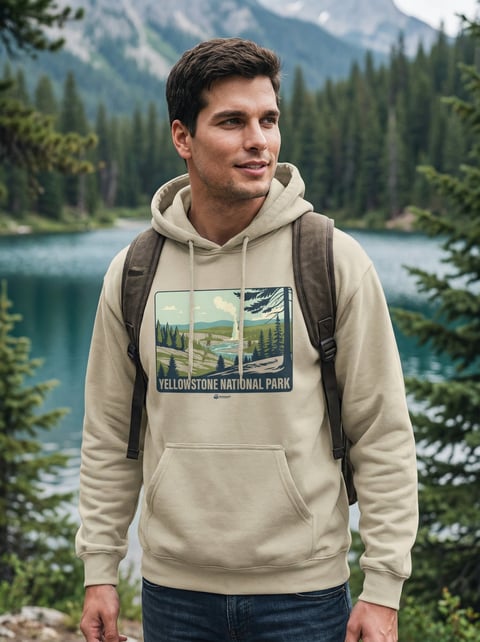 Man wearing beige Yellowstone National Park hoodie standing by a mountain lake with pine trees and mountains in background