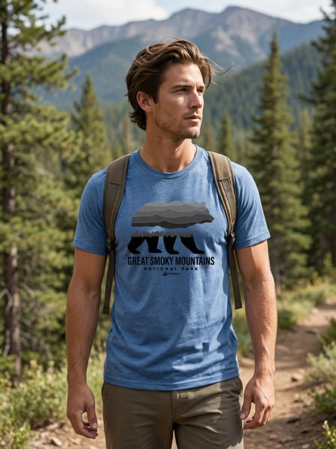 Man wearing blue Great Smoky Mountains graphic t-shirt and backpack standing on forest trail with mountains in background