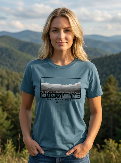 Woman wearing a Great Smoky Mountains National Park t-shirt, standing outdoors with forested mountains in the background