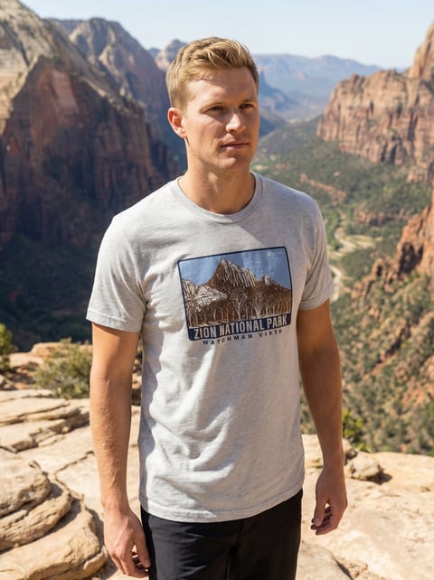 Man wearing a Zion National Park t-shirt standing on a rocky overlook with canyon cliffs in the background